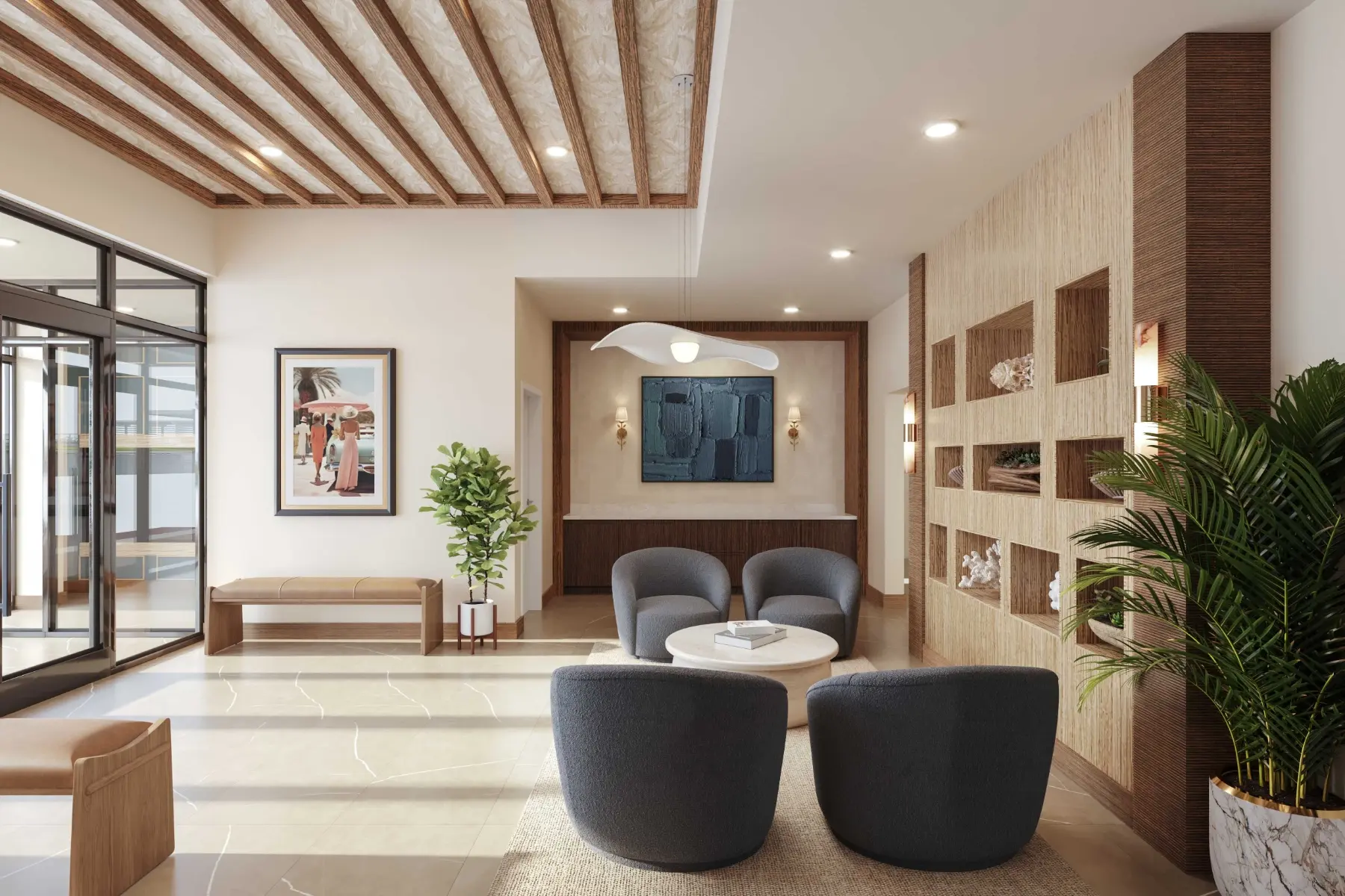 Liora lobby lounge rendering with seating and coastal finishes