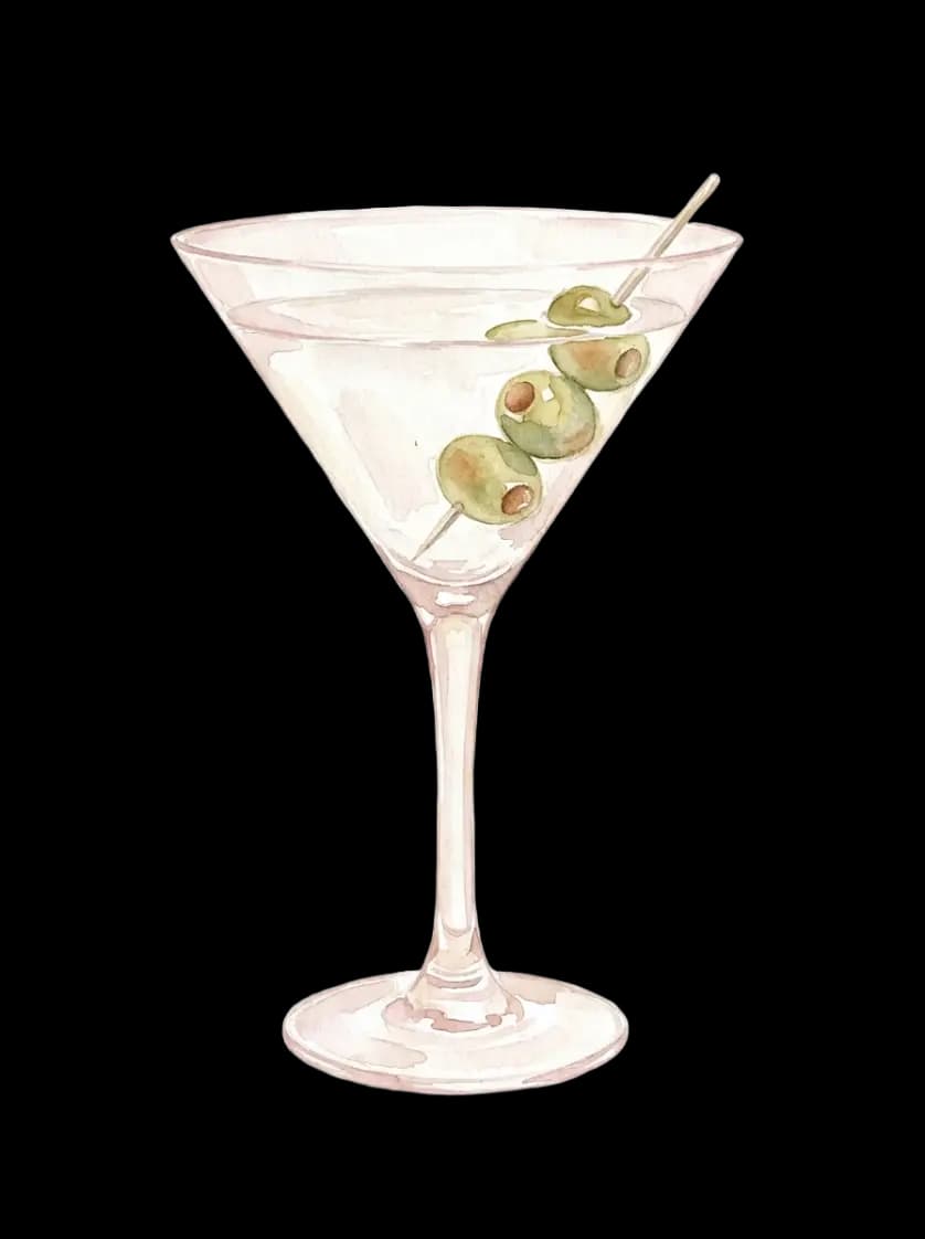 Watercolor illustration of a martini glass with olives