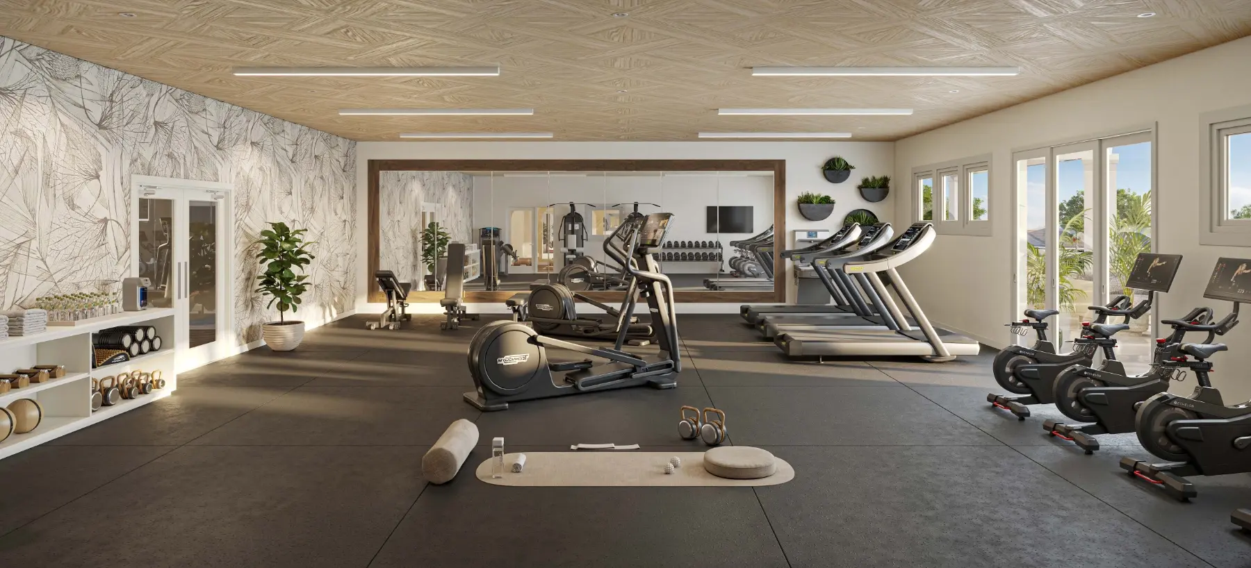Liora fitness center rendering with cardio equipment and yoga space
