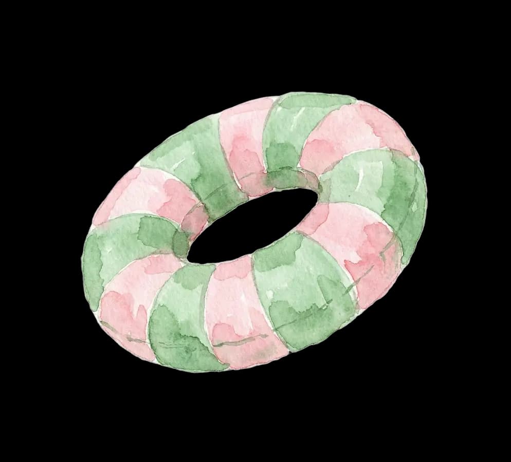 Watercolor illustration of a pink and green pool float