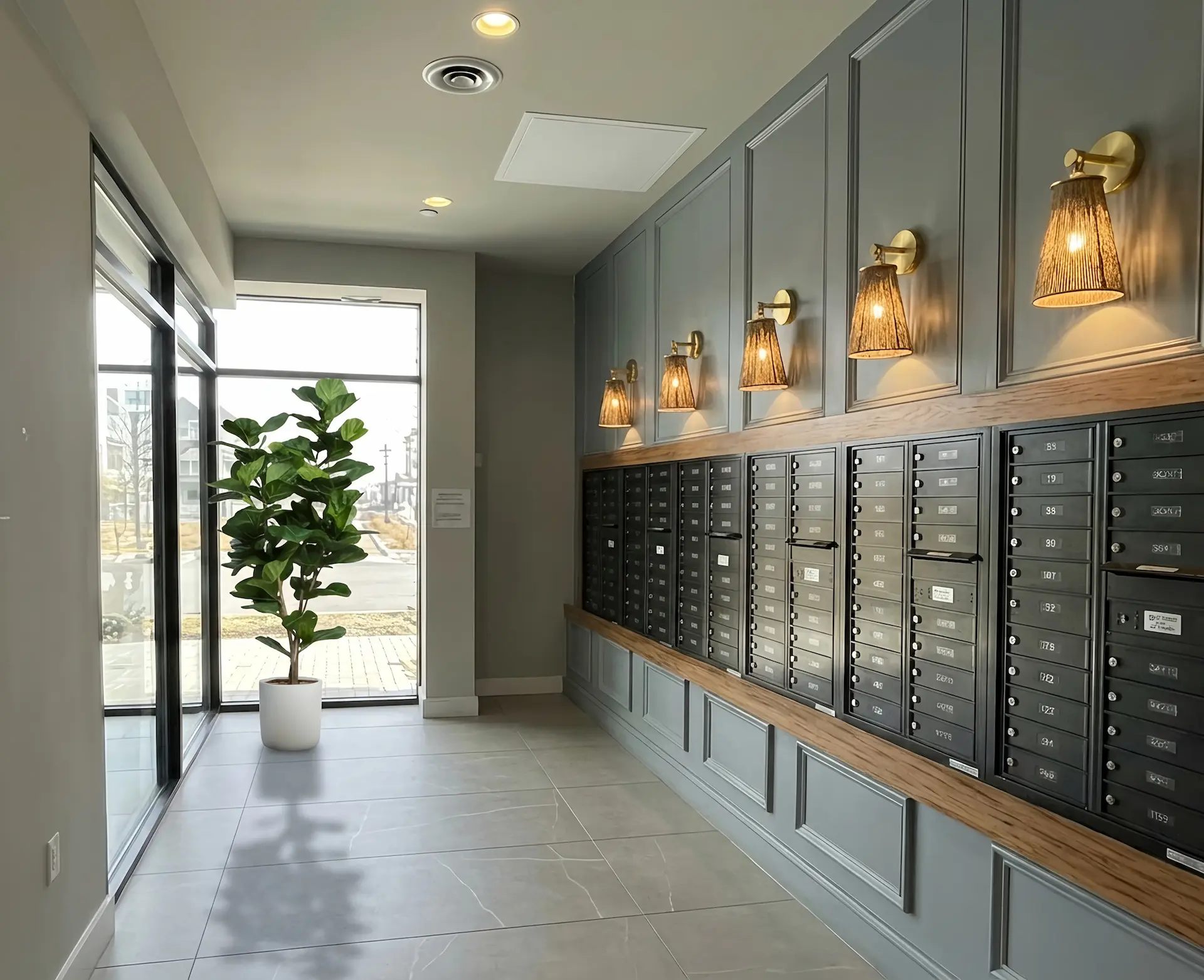 Liora mail room with resident mailboxes and wall sconces