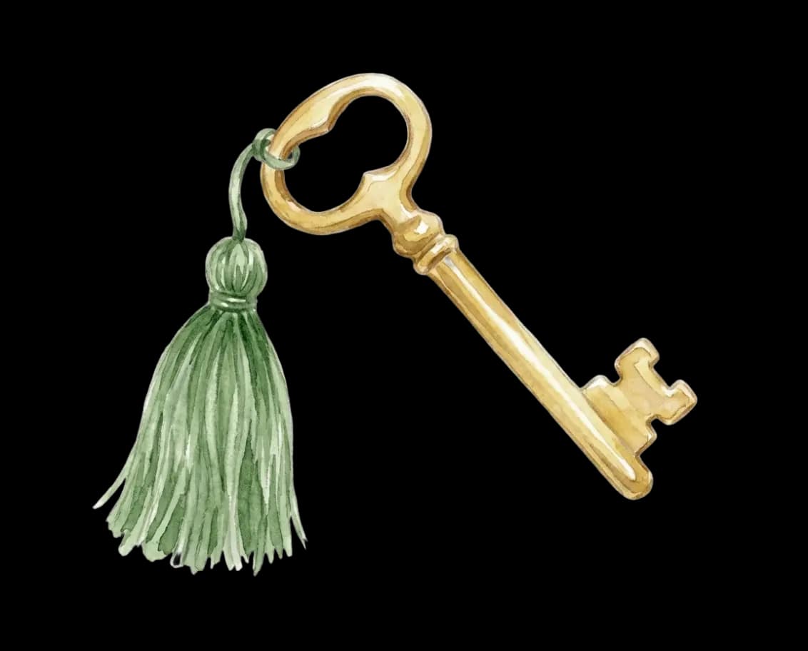 Watercolor illustration of a gold key with a green tassel