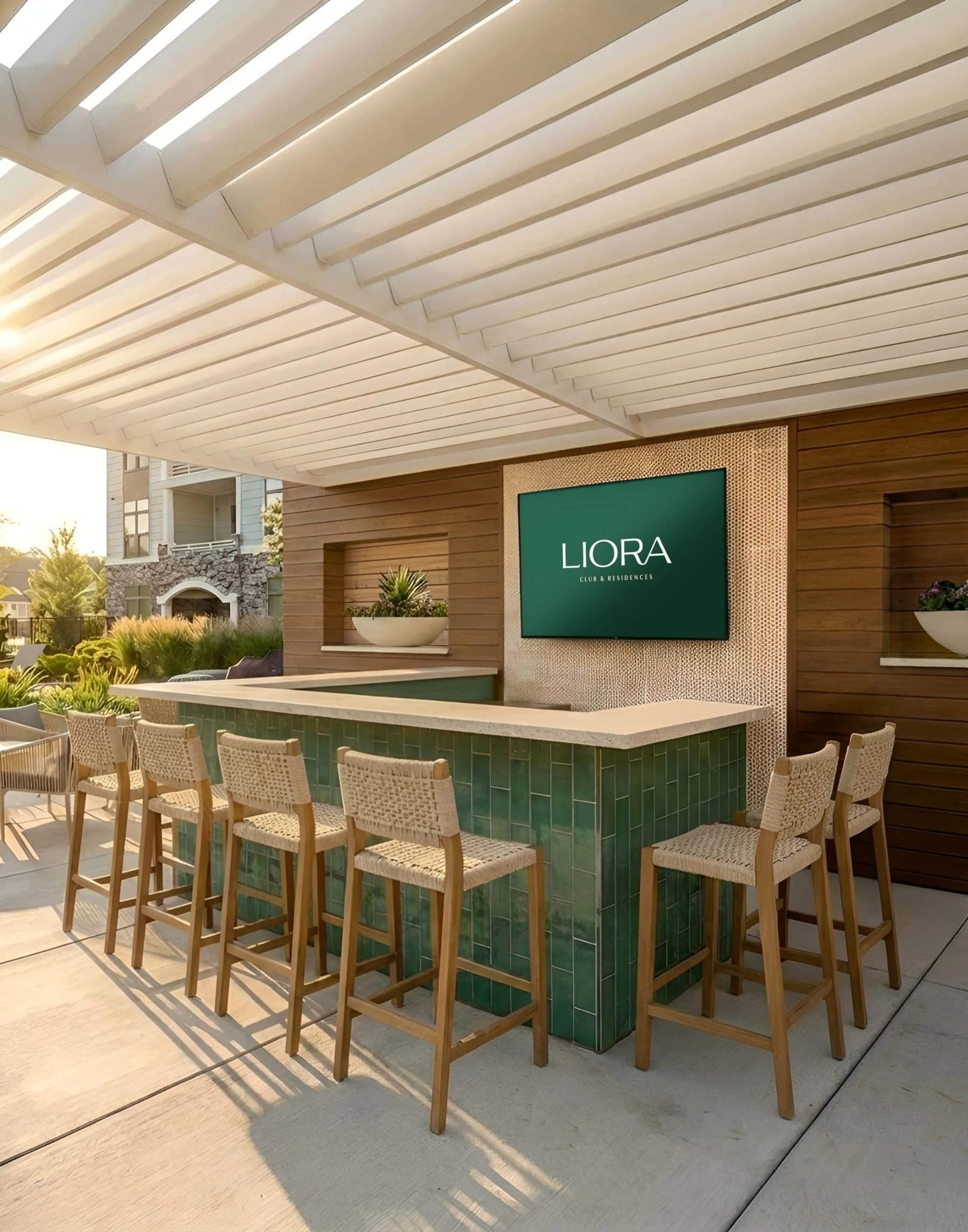 Liora Surf Bar rendering with outdoor seating and televisions