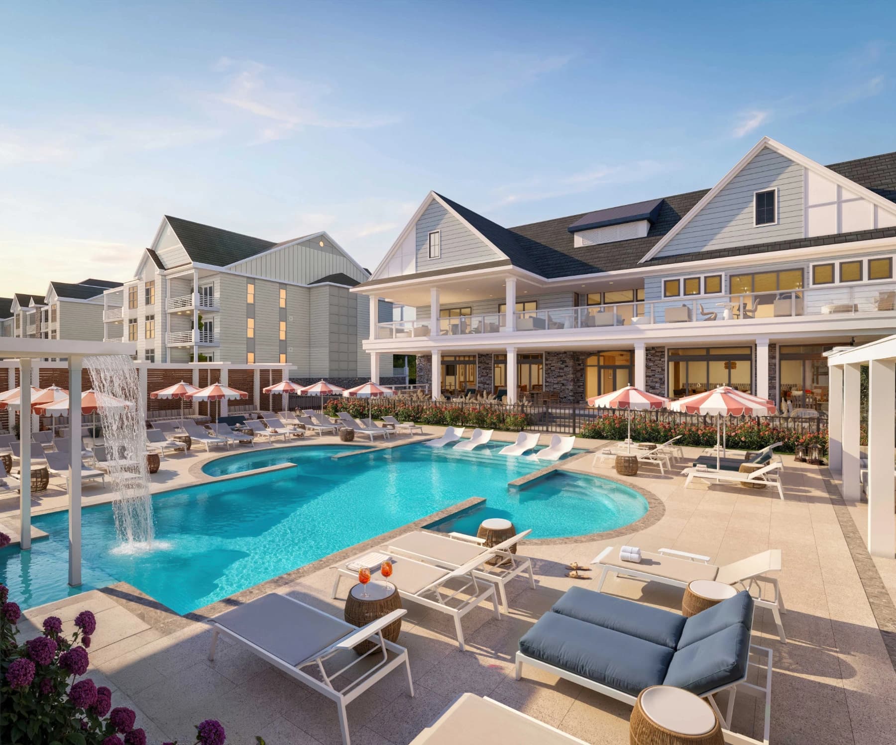 Liora Tides pool rendering with lounge chairs, umbrellas, and cabanas