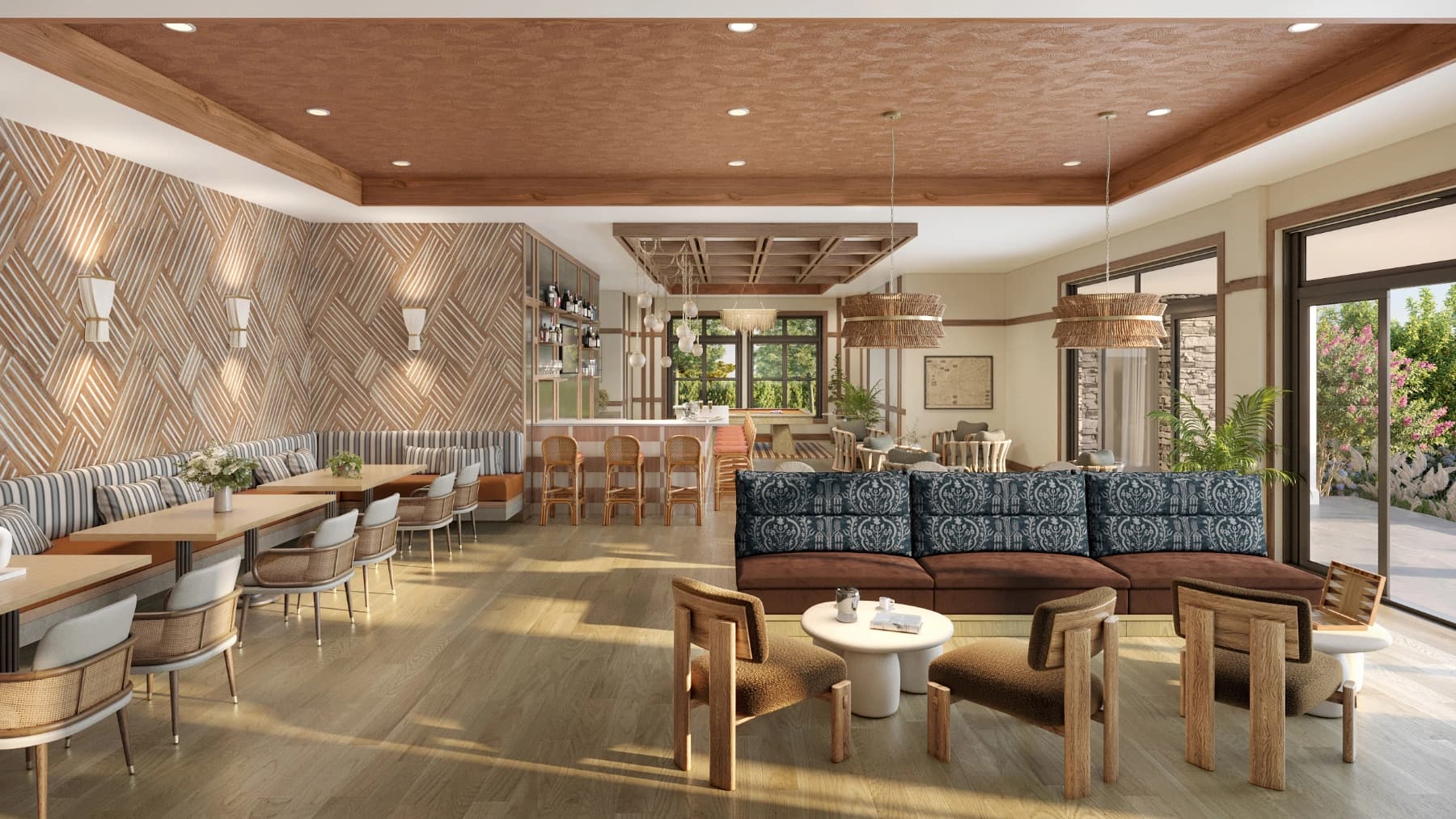 Liora Breakers resident lounge rendering with bar seating and patterned banquettes