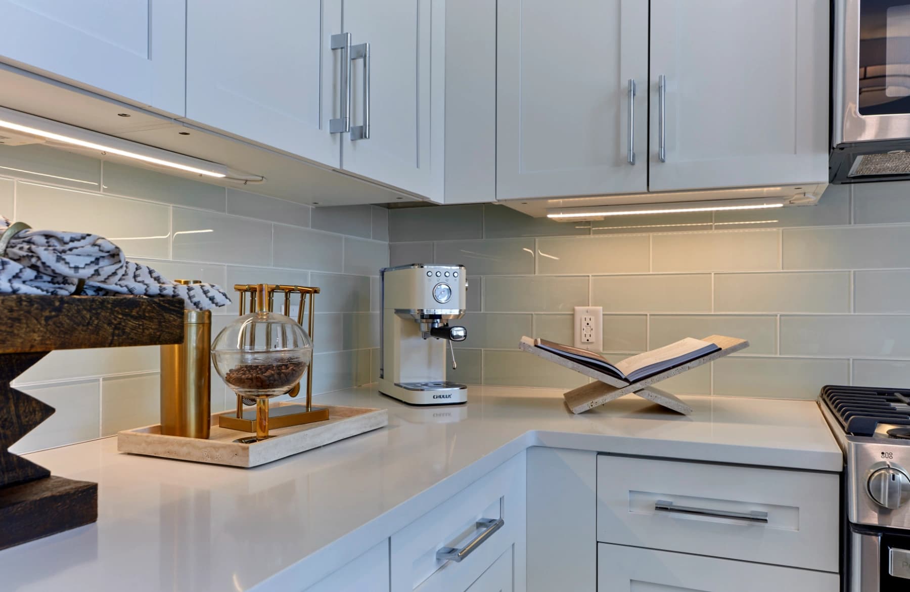 Liora residence kitchen detail with tile backsplash and coffee station