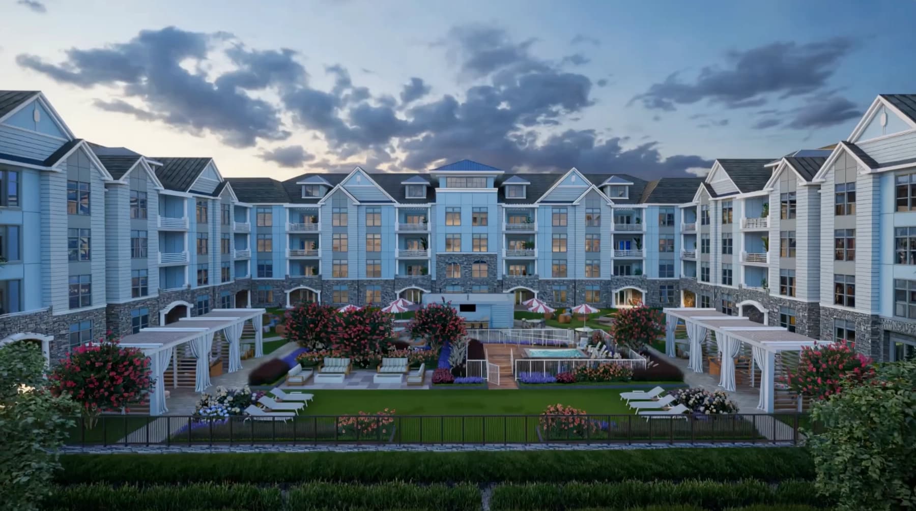Liora courtyard pool rendering with cabanas and outdoor lounge seating