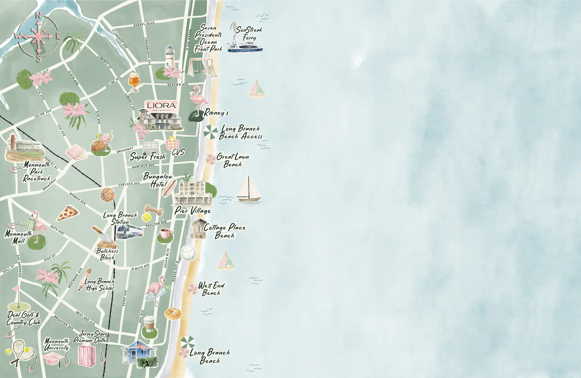 Illustrated map of Long Branch showing Liora, beaches, dining, parks, and transit