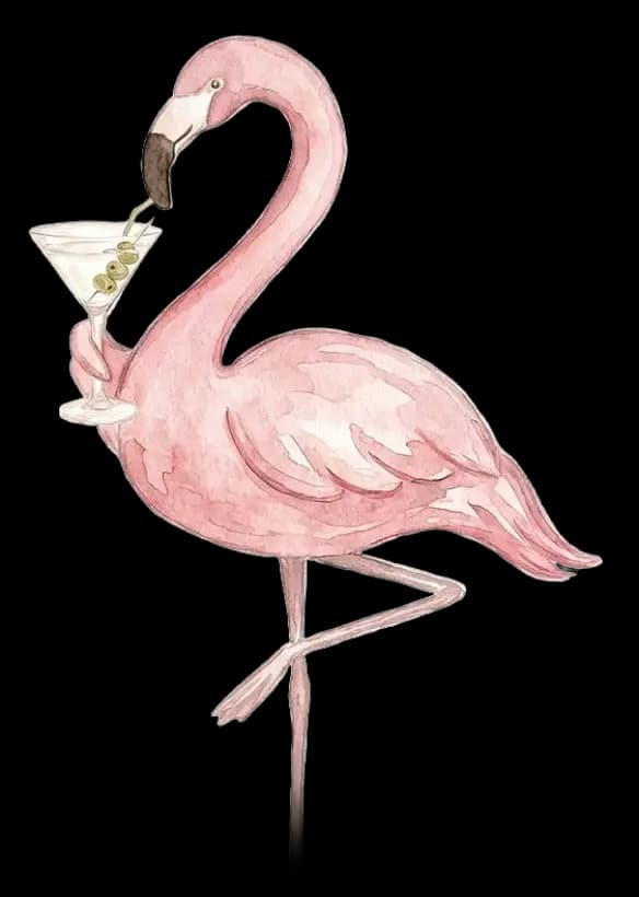 Watercolor illustration of a pink flamingo holding a cocktail glass