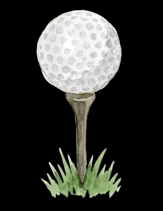Watercolor illustration of a golf ball on a tee