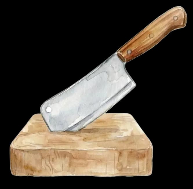 Watercolor illustration of a cleaver on a cutting board